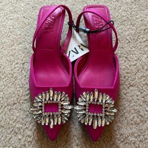 ZARA Hot Pink Crystal-Embellished Pointed Slingback Heels